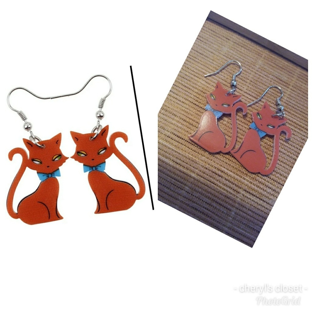 Brown kitty bonsny acrylic earrings, blue bow